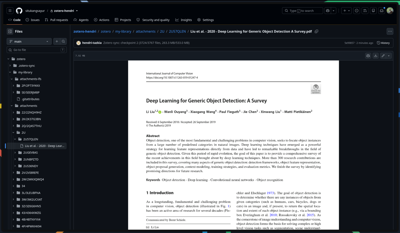 A synced library on GitHub, with a PDF open in the browser