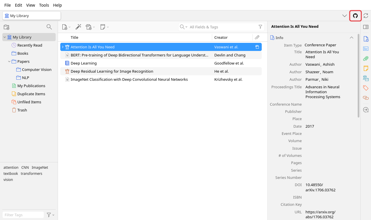 The Zotero main window with the GitHub Sync button in the toolbar