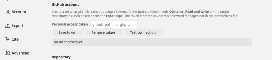 The GitHub Sync settings: token field, Save token, Test connection