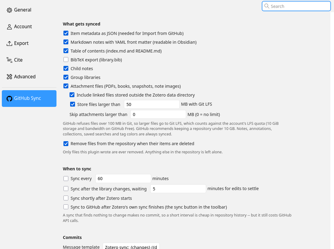What gets synced: metadata, notes, attachments, linked files, Git LFS threshold