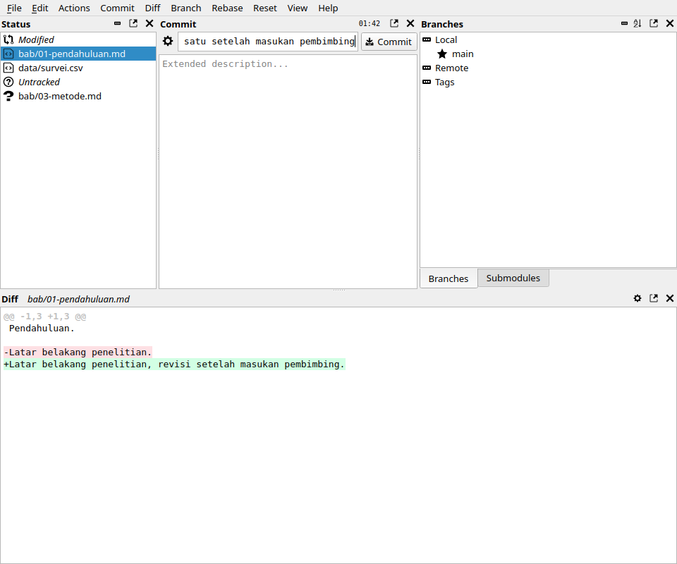 git-cola: changed files, a coloured diff, and the commit message box