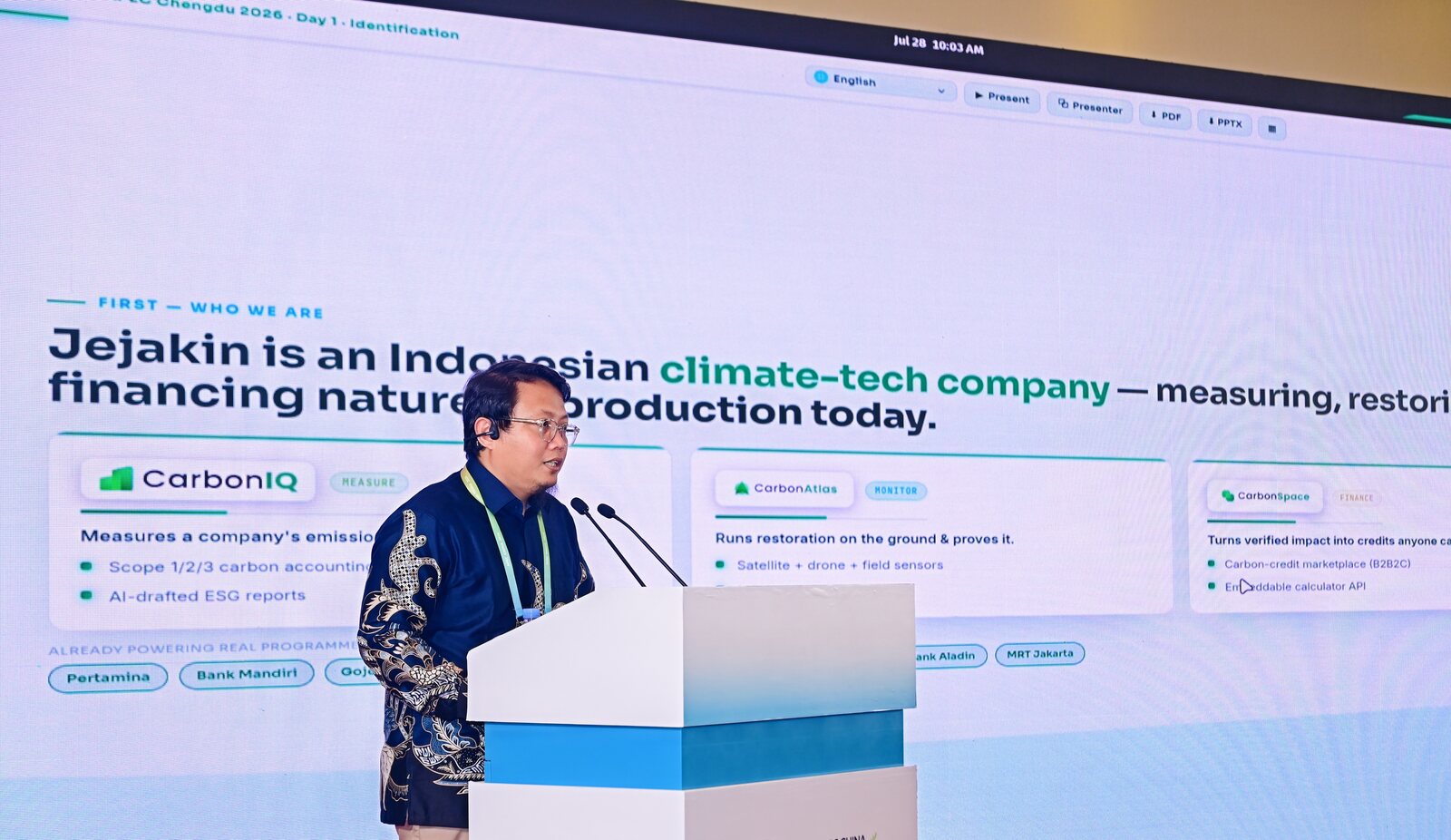 A slide introducing Jejakin as an Indonesian climate-tech company measuring and restoring nature
